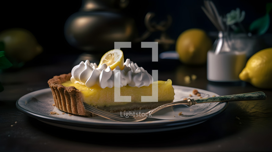 Abstract art. Colorful painting art of an exquisite plate of food. Lemon tart with cream and cookie crust.