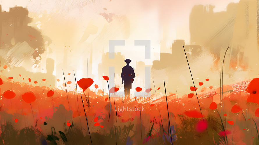 a soldier in a red poppies field. Anzac day - Memorial Day - Remembrance Day