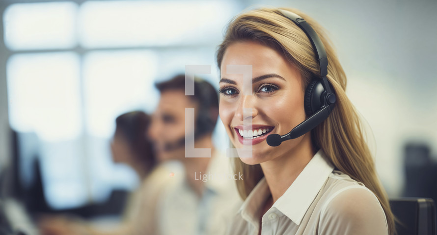 Smiling customer service representative with headset in busy office environment.