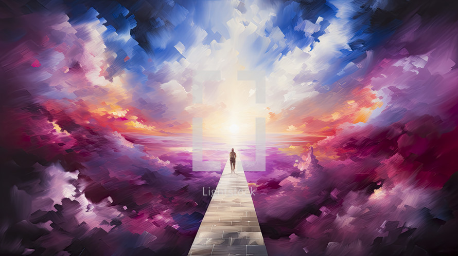 Path leading up to heaven toward the light. Christian illustration. 