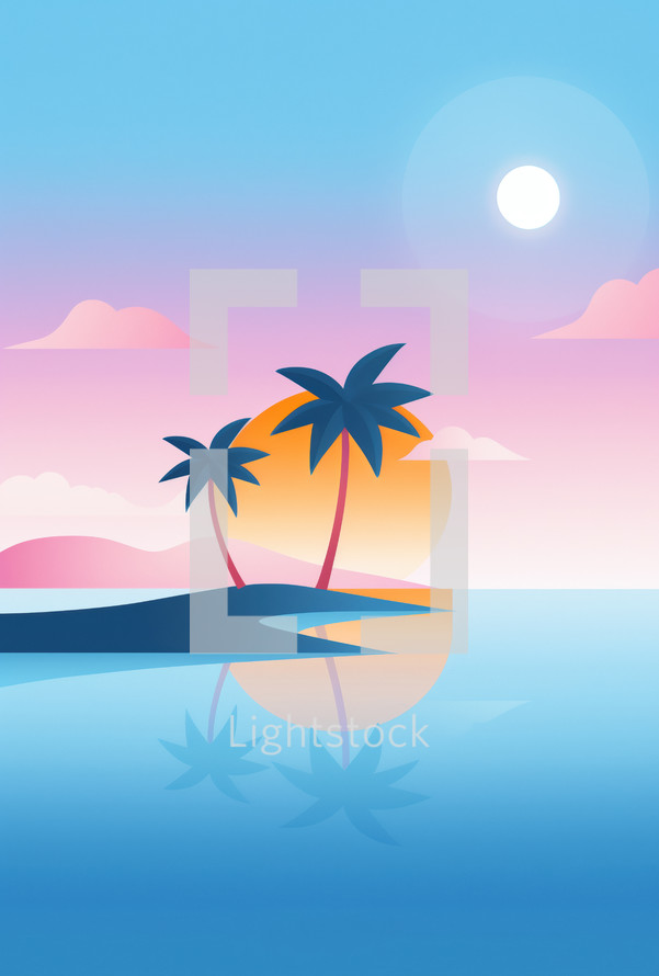 Illustration of a serene tropical beach scene at sunset with palm trees, calm water, and a vibrant sky transitioning from pink to blue, creating a peaceful and relaxing atmosphere.