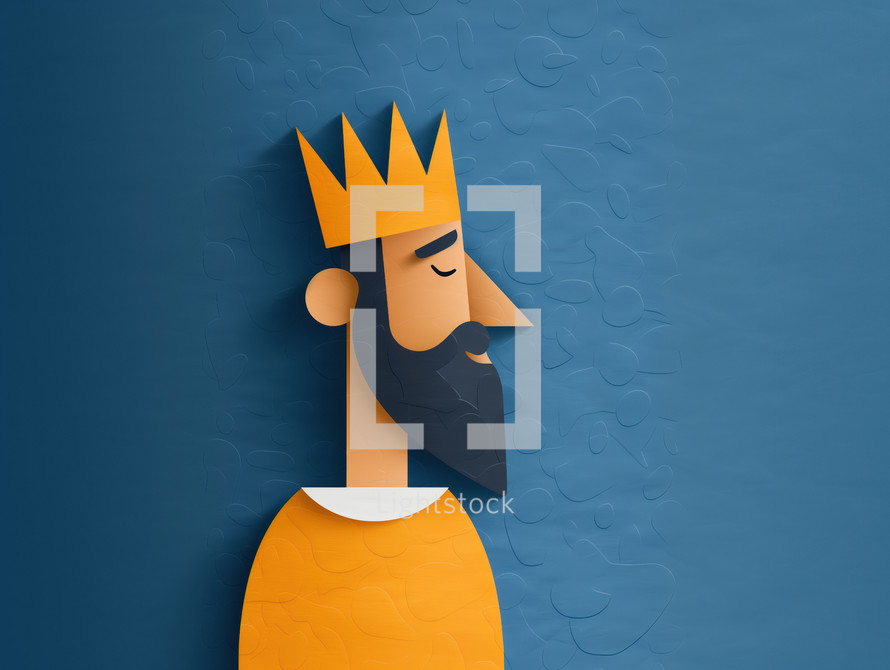 Minimalist illustration of King David in a biblical context, featuring a stylized, geometric design with a crown and beard, set against a textured blue background.