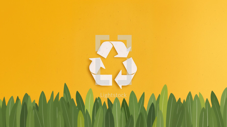 Recycling symbol with three arrows on a yellow background above green grass, representing environmental conservation and sustainability.