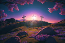 Three crosses on  Calvary with beautiful blossoming Cherry trees 