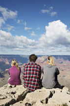 friends, woman, cliff, edge, thinking, looking out, canyon, sitting, man
