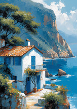 Seaside oil painting depicting a white house with blue shutters surrounded by nature on a cliff.