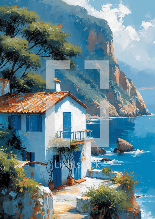 Seaside oil painting depicting a white house with blue shutters surrounded by nature on a cliff.