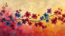 Vibrant watercolor-style digital art of a flowering branch with red and blue blossoms on a warm, textured gradient background.