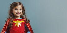 Joyful young girl dressed as superhero with a red cape and star emblem, smiling confidently against a teal background.