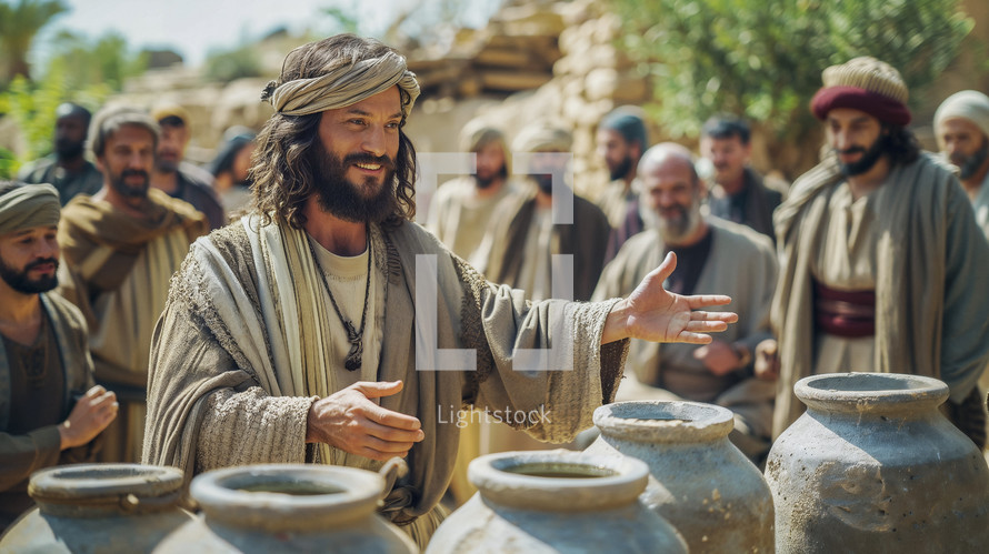 Jesus performing his first miracle at the wedding in Cana, turning water into wine, a renowned biblical event.