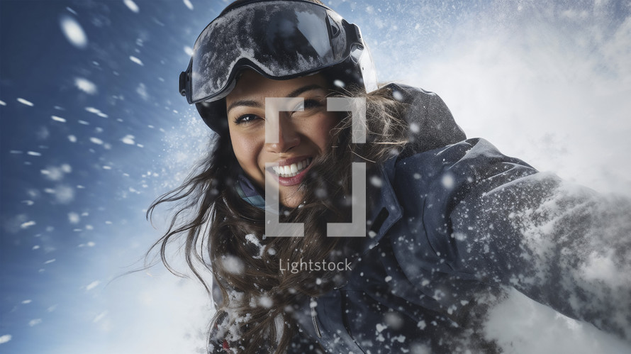 Exhilarated young woman in ski gear enjoying a snow day.
