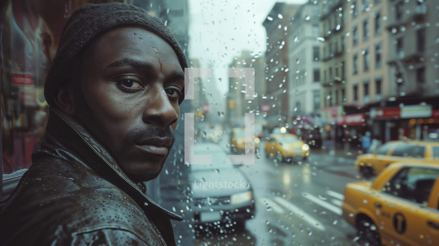 Poignant cityscape portrait of an African American man, his gaze conveying a story against the blurred backdrop of a rainy New York street with iconic yellow cabs.
