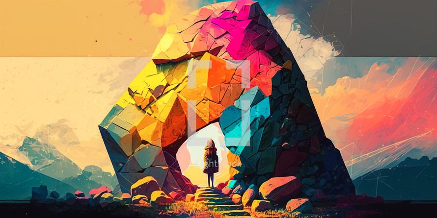 Colorful AI illustration of a woman standing in front of an empty tomb. 
