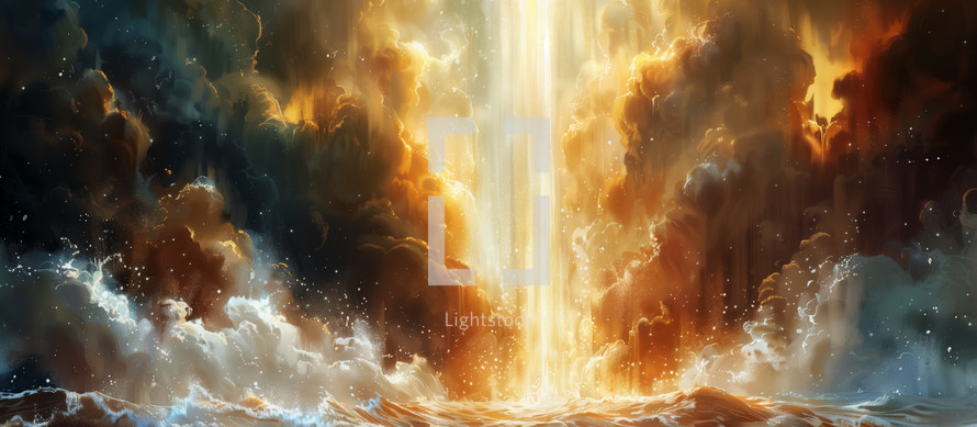 An artistic visual interpretation of the biblical moment where light is separated from darkness, symbolizing the dawn of creation with divine beams piercing through tumultuous clouds.