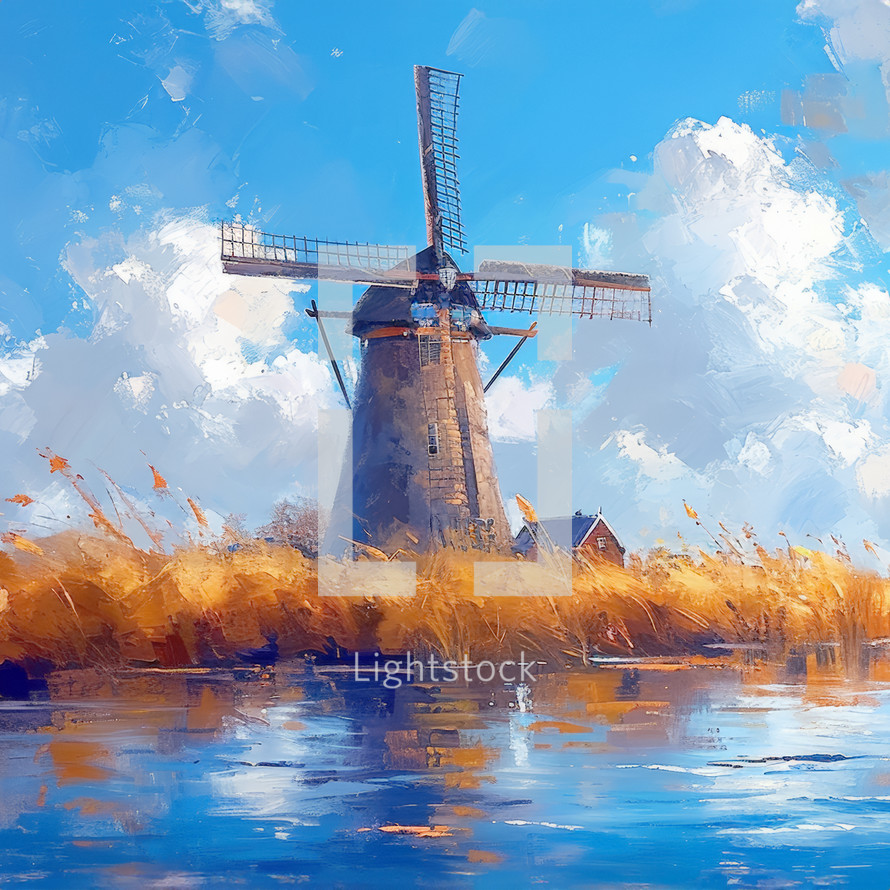 Traditional Dutch windmill against a vivid blue sky, captured in an impressionistic oil painting with dynamic brushstrokes and autumnal hues.