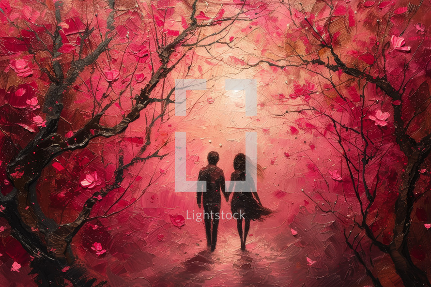 Couple walking hand-in-hand under a canopy of vibrant red leaves, symbolizing romance and love.