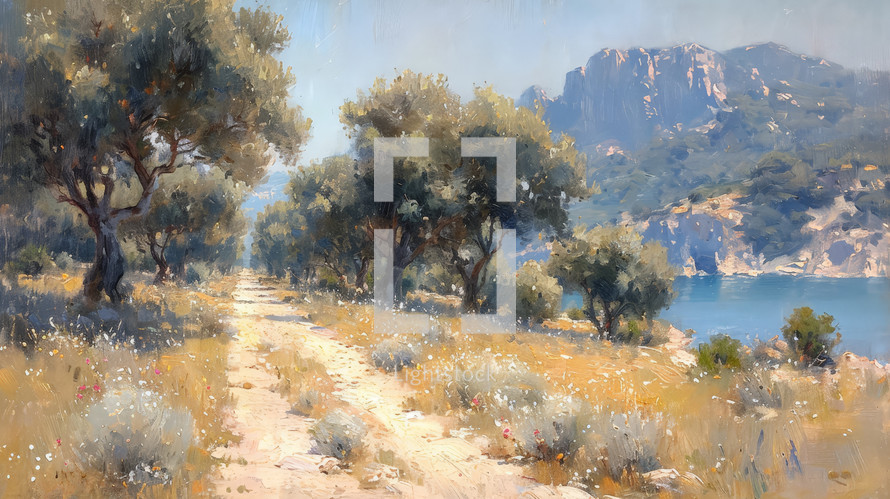 Scenic view of olive trees and wildflowers along a rugged path leading to a serene lake, set against the backdrop of Southern France's rolling hills.