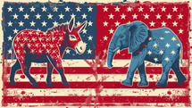 Stylized representations of a donkey and an elephant with the American flag, symbolizing the Democratic and Republican parties.