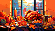 Thanksgiving table with roasted turkey and autumn harvest.