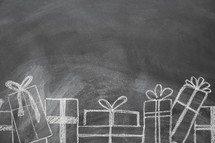 border of Christmas gifts on a chalkboard 
