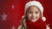 Smiling young girl in winter hat and scarf against red background.