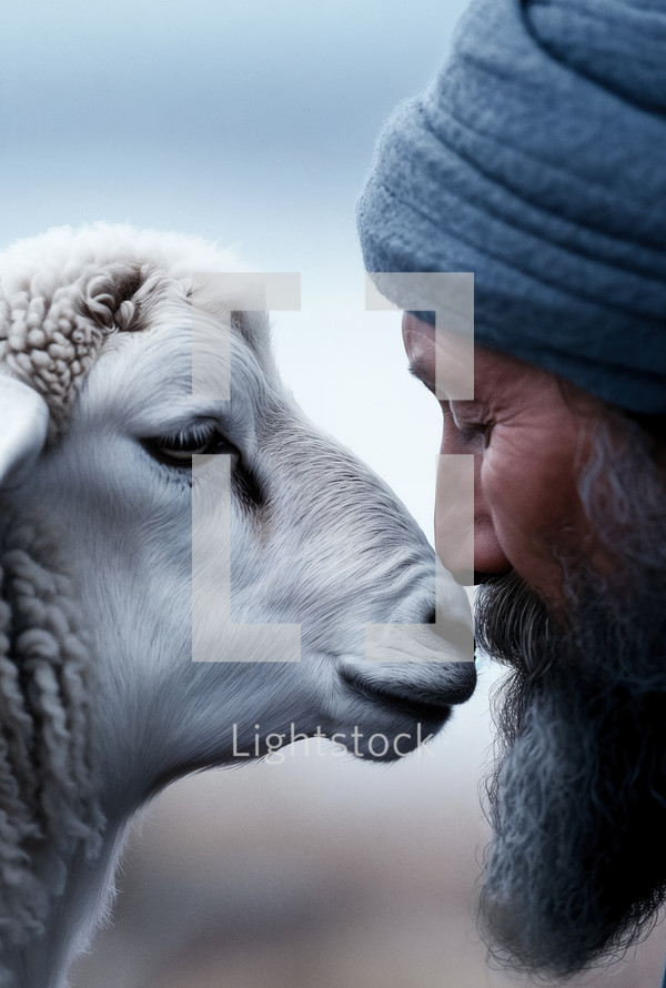 Tender moment between a man and a lamb, symbolizing compassion, faith, and spiritual connection in a serene, pastoral scene.