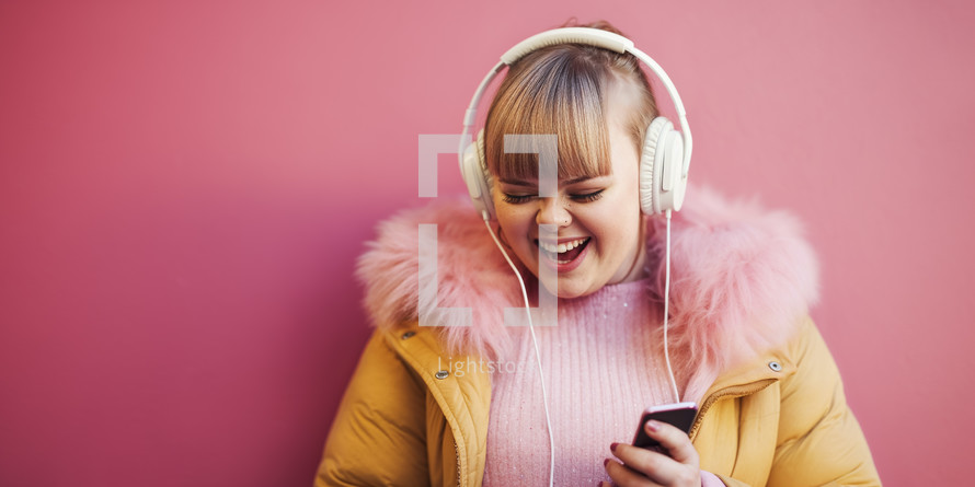 Vibrant portrait of a cheerful young woman with Down syndrome, enjoying music on white headphones, against a pink background, wearing a yellow jacket with a pink fur collar.