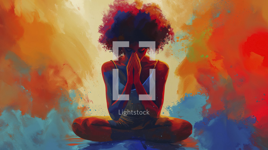 A vibrant and powerful image of a young Afro-American woman in prayer, her silhouette beautifully contrasted against a dynamic and colorful abstract background, symbolizing faith and spirituality.