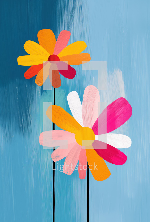 Vibrant pop art flowers with colorful petals against a textured blue background in a modern, abstract style.