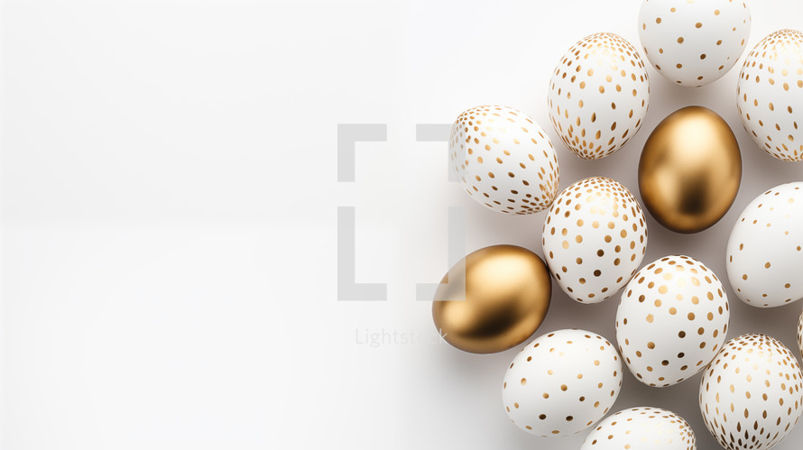 Gold and white painted Easter eggs with dots.