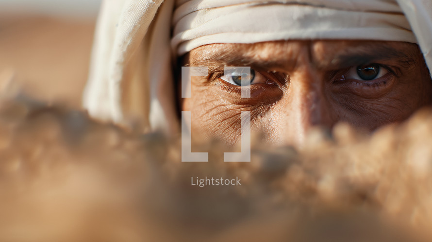 A close-up of a man's intense eyes peering through a desert environment, depicting a biblical spy in Jericho, conveying themes of secrecy and vigilance in an ancient context.