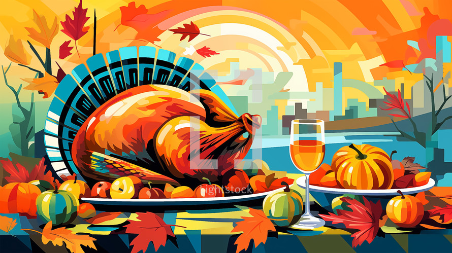 Stylized Thanksgiving feast with a golden turkey and fall harvest, set against a modern cityscape.