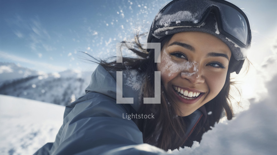 Joyful woman with snow on face enjoying winter sports.