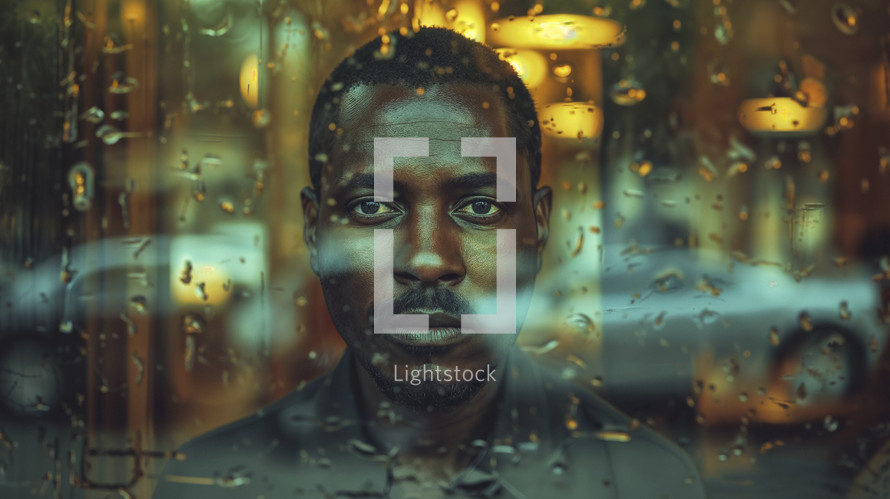 Evocative portrait of an African American man, his gaze piercing through a raindrop-covered window pane against a blurred city backdrop.
