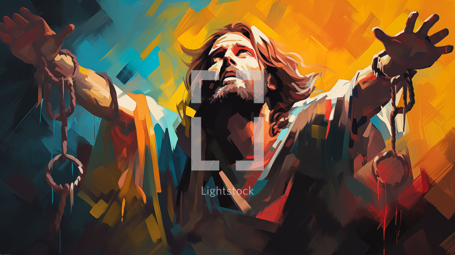 Dynamic illustration of Jesus with chains breaking away from his outstretched hands, symbolizing liberation and power, set against a vivid, abstract background.