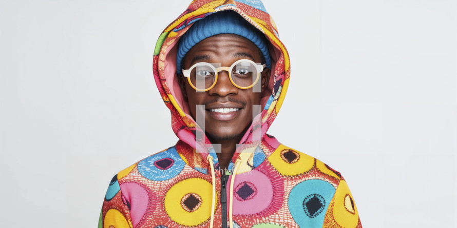 Vibrant portrait of a young man with blue hair wearing colorful African-inspired hoodie and white-rimmed glasses, smiling against a white background.