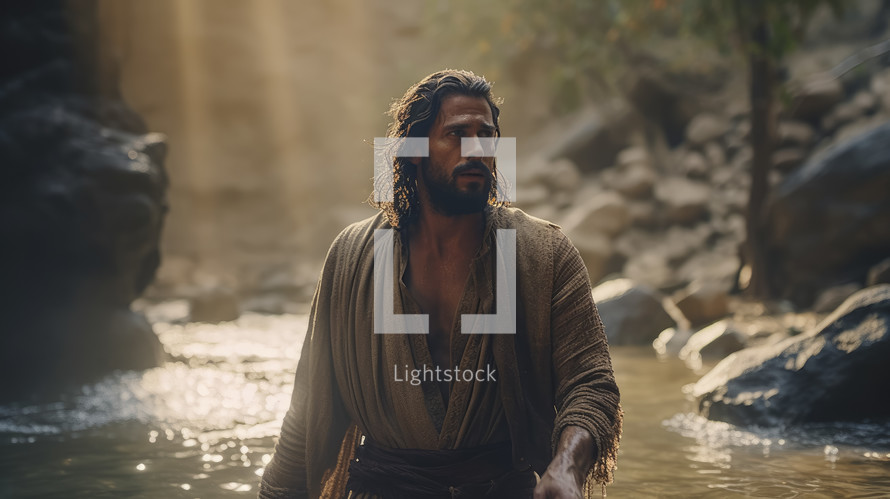 Portrait of John the Baptist in the Jordan river. Christian illustration. 