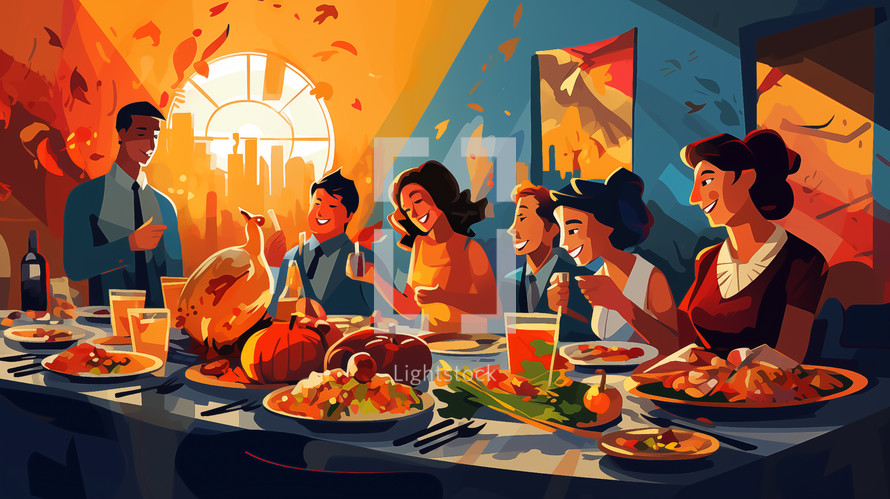 Family and friends gathered for Thanksgiving dinner, sharing joy over a feast in an autumnal setting.
