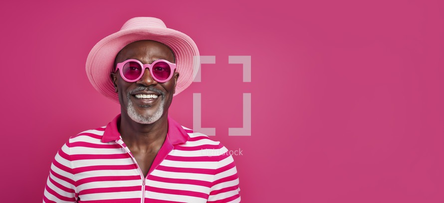 Joyful middle-aged man with a beard wearing pink sunglasses and a matching hat against a vibrant pink background.