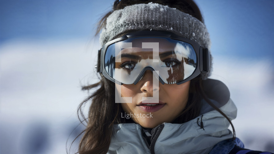 Intense close-up of a focused woman in ski goggles on the slopes.