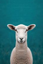 Portrait of a sheep against a teal background, symbolizing purity and innocence, often referenced in biblical themes such as Psalm 23.