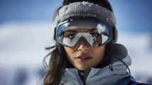 Intense close-up of a focused woman in ski goggles on the slopes.