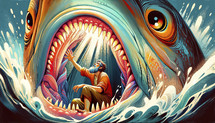 Dramatic and vibrant illustration of Jonah in the belly of a big fish, surrounded by swirling ocean waters, capturing the intense biblical moment.