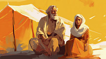 Colorful painting art portrait of Abraham and his wife Sarah sitting in front of their tent.