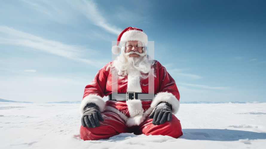 Close-up portrait of happy funny Santa Claus stucking in the snow at the North Pole.