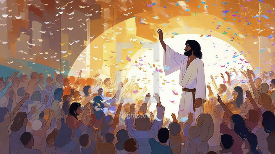 Colorful painting art of crowd joyfully cheering Jesus. Christian illustration.