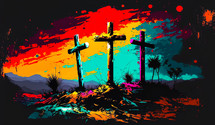 Abstract art. Colorful painting art of three crosses on a hill. Christian illustration.