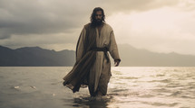 Portrait of Jesus walking on the water. Christian illustration. 