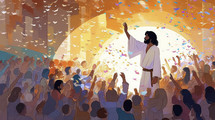 Colorful painting art of crowd joyfully cheering Jesus. Christian illustration.