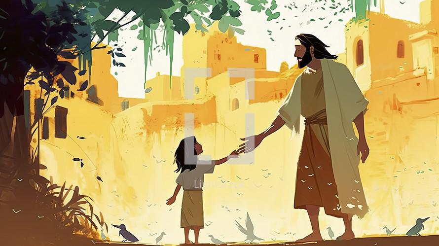 Colorful painting art of a small child stretching out his hand to Jesus. Christian illustration.